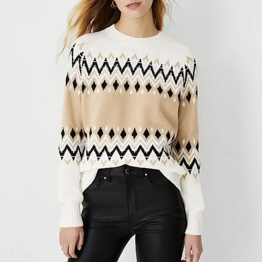 ANN TAYLOR Fair Isle Sweater Ivory Tan Black Wool Blend Size XSmall